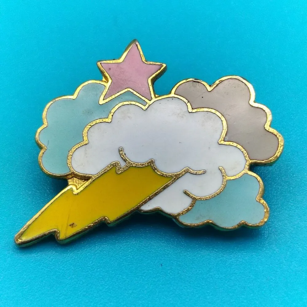 Cute Cloud Lightning Star Enamel Pin Gold Tone Celestial Sky Weather Pinback